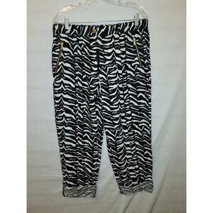 Calvin Klein Linen Capri Pant Sz Lg Animal Zebra Print Roll Tab Black And White